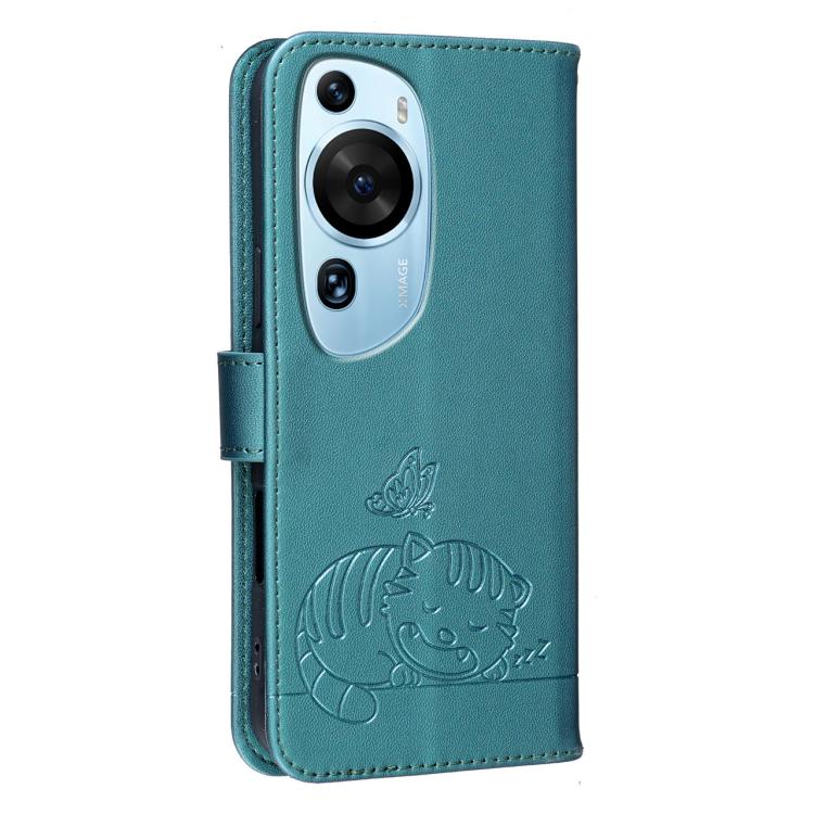 For Huawei P60 Art Cat Butterfly Embossed RFID Vegan Leather Phone Case with Strap