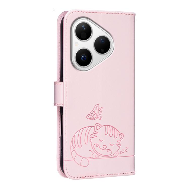 For Huawei Pura 80 5G Cat Butterfly Embossed RFID Vegan Leather Phone Case with Strap