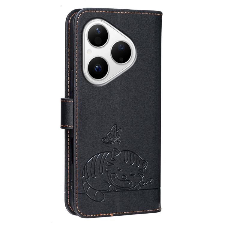 For Huawei Pura 80 5G Cat Butterfly Embossed RFID Vegan Leather Phone Case with Strap