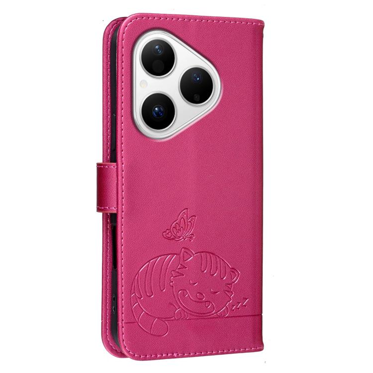 For Huawei Pura 80 5G Cat Butterfly Embossed RFID Vegan Leather Phone Case with Strap