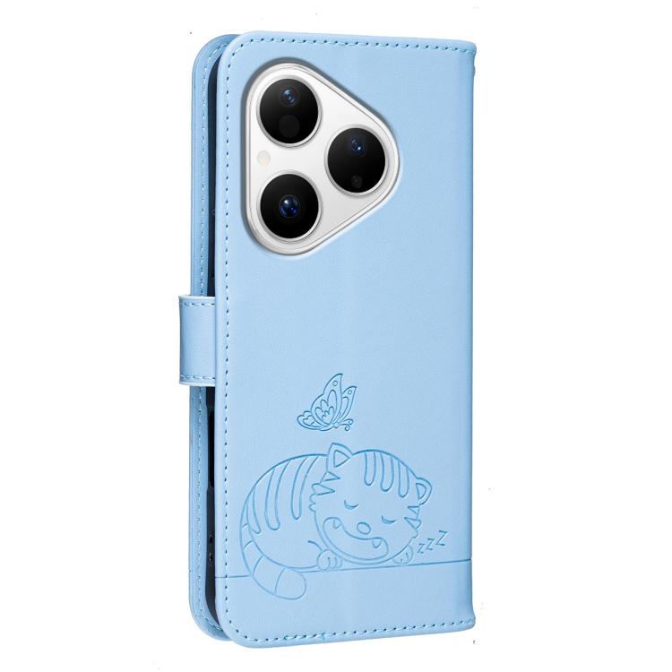 For Huawei Pura 80 5G Cat Butterfly Embossed RFID Vegan Leather Phone Case with Strap