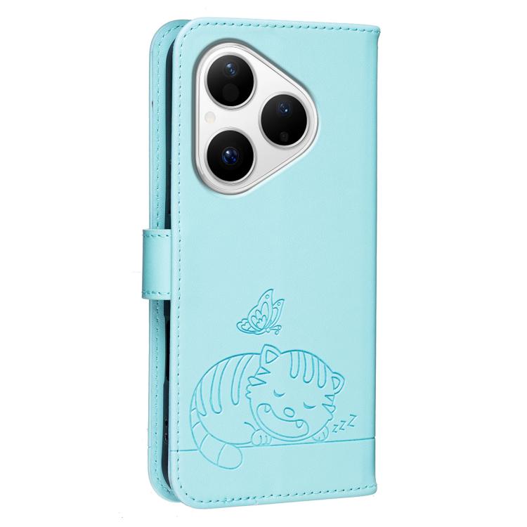 For Huawei Pura 80 5G Cat Butterfly Embossed RFID Vegan Leather Phone Case with Strap