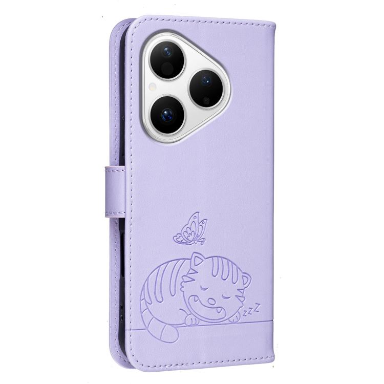 For Huawei Pura 80 5G Cat Butterfly Embossed RFID Vegan Leather Phone Case with Strap