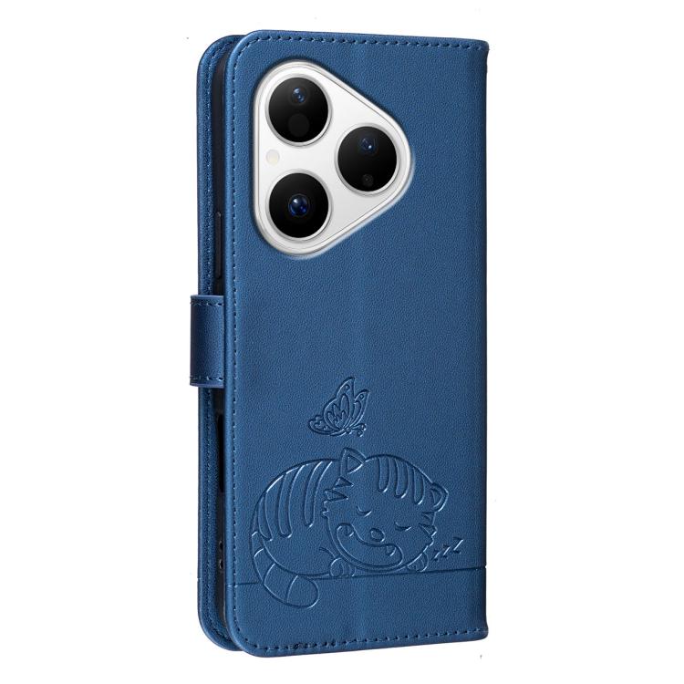 For Huawei Pura 80 5G Cat Butterfly Embossed RFID Vegan Leather Phone Case with Strap
