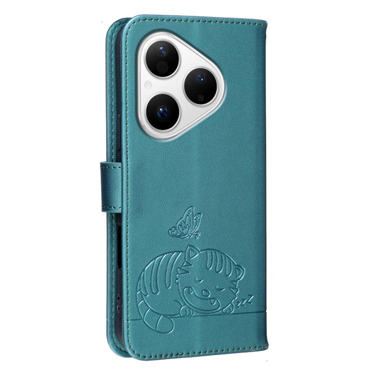 For Huawei Pura 80 5G Cat Butterfly Embossed RFID Vegan Leather Phone Case with Strap