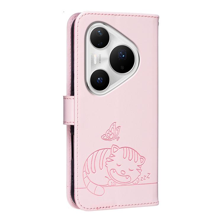For Huawei Pura 80 Pro+ 5G Cat Butterfly Embossed RFID Vegan Leather Phone Case with Strap
