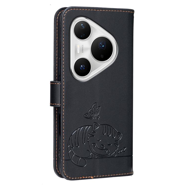For Huawei Pura 80 Pro+ 5G Cat Butterfly Embossed RFID Vegan Leather Phone Case with Strap