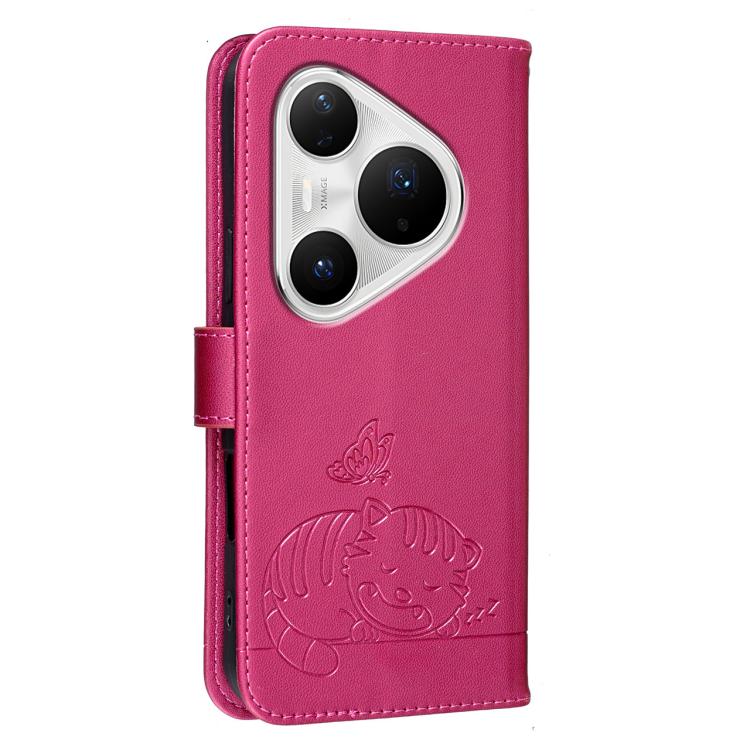 For Huawei Pura 80 Pro+ 5G Cat Butterfly Embossed RFID Vegan Leather Phone Case with Strap