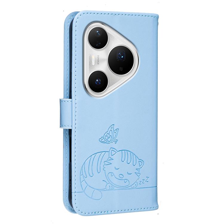 For Huawei Pura 80 Pro+ 5G Cat Butterfly Embossed RFID Vegan Leather Phone Case with Strap