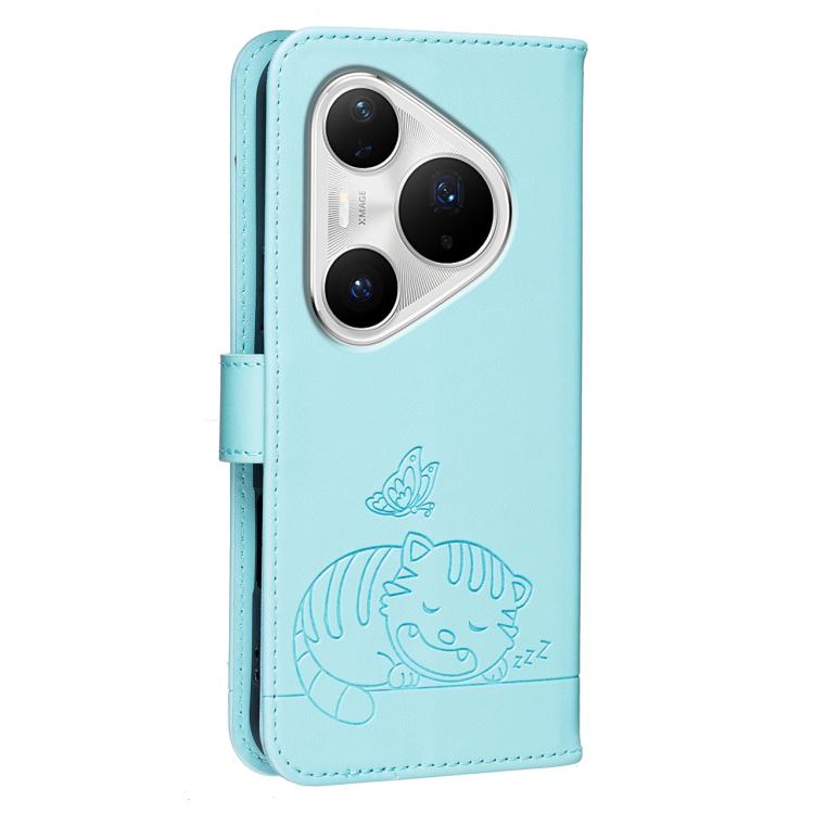 For Huawei Pura 80 Pro+ 5G Cat Butterfly Embossed RFID Vegan Leather Phone Case with Strap