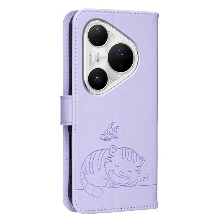 For Huawei Pura 80 Pro+ 5G Cat Butterfly Embossed RFID Vegan Leather Phone Case with Strap