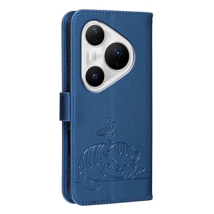 For Huawei Pura 80 Pro+ 5G Cat Butterfly Embossed RFID Vegan Leather Phone Case with Strap