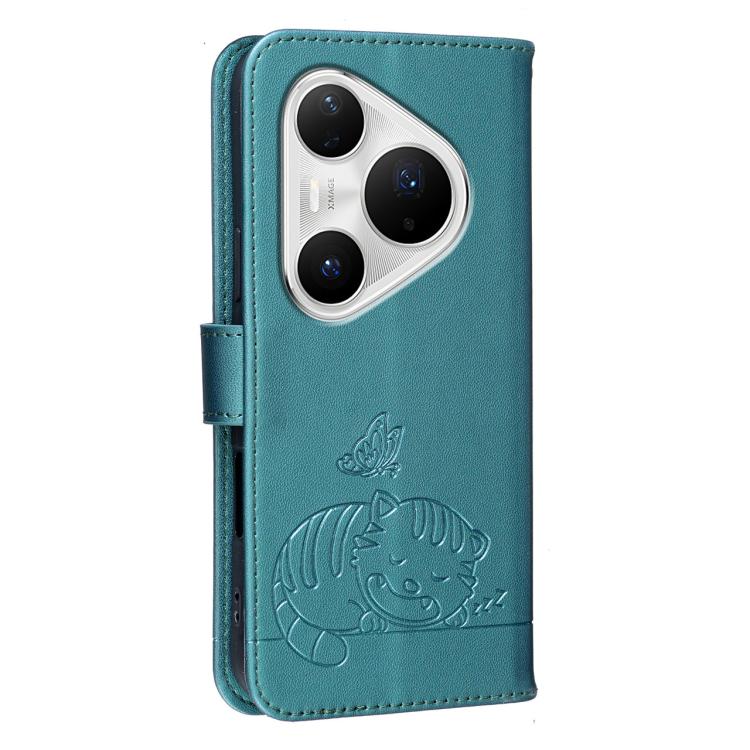 For Huawei Pura 80 Pro+ 5G Cat Butterfly Embossed RFID Vegan Leather Phone Case with Strap