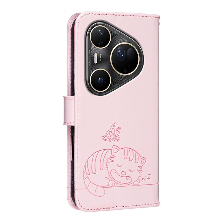 For Huawei Pura 80 Ultra 5G Cat Butterfly Embossed RFID Vegan Leather Phone Case with Strap