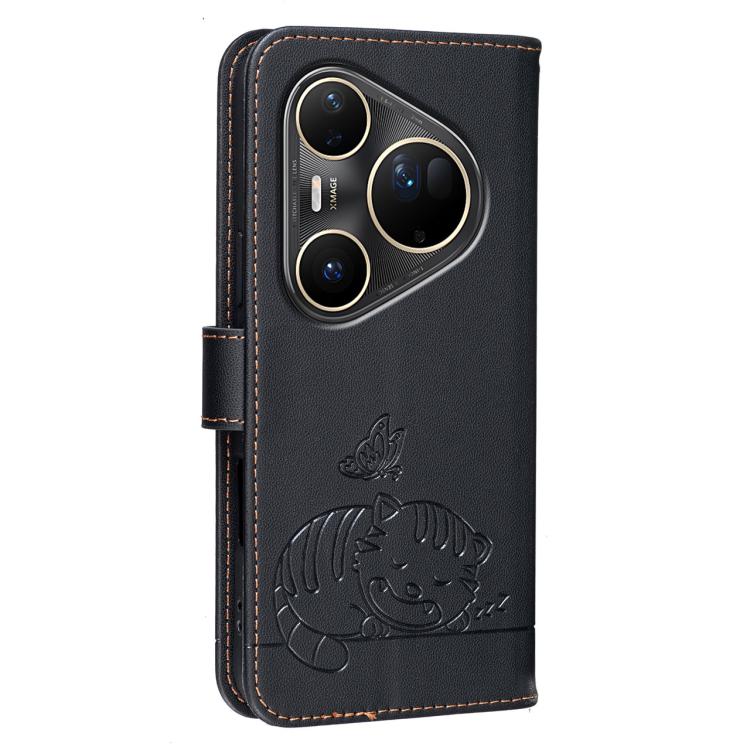 For Huawei Pura 80 Ultra 5G Cat Butterfly Embossed RFID Vegan Leather Phone Case with Strap
