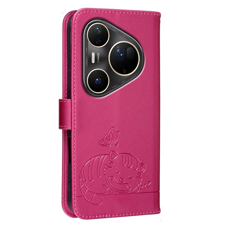 For Huawei Pura 80 Ultra 5G Cat Butterfly Embossed RFID Vegan Leather Phone Case with Strap