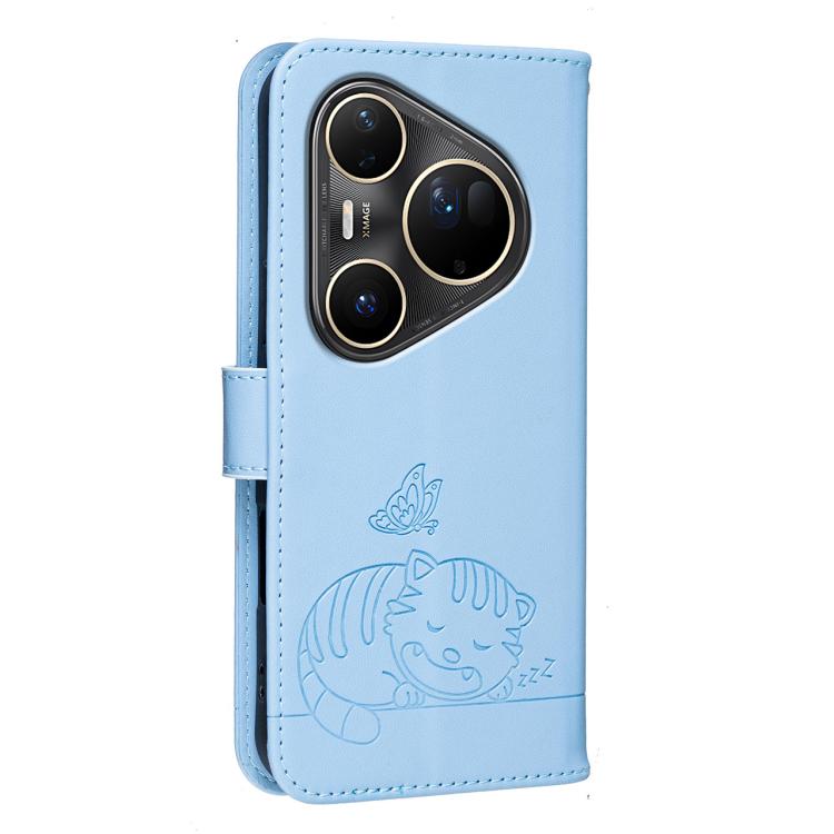 For Huawei Pura 80 Ultra 5G Cat Butterfly Embossed RFID Vegan Leather Phone Case with Strap
