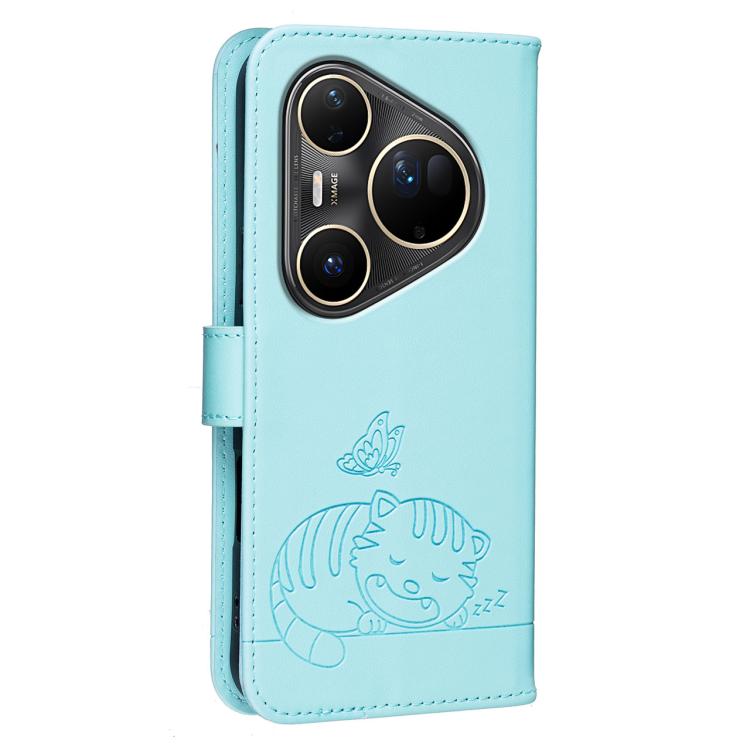 For Huawei Pura 80 Ultra 5G Cat Butterfly Embossed RFID Vegan Leather Phone Case with Strap