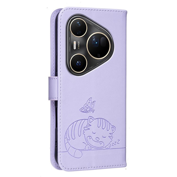 For Huawei Pura 80 Ultra 5G Cat Butterfly Embossed RFID Vegan Leather Phone Case with Strap