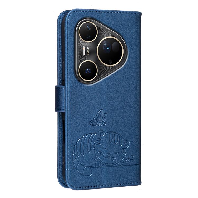 For Huawei Pura 80 Ultra 5G Cat Butterfly Embossed RFID Vegan Leather Phone Case with Strap