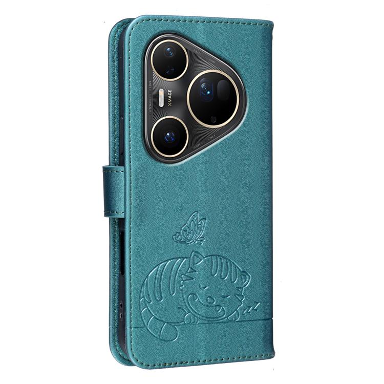 For Huawei Pura 80 Ultra 5G Cat Butterfly Embossed RFID Vegan Leather Phone Case with Strap