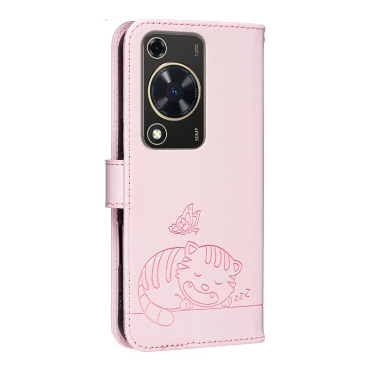For Huawei Enjoy 70 Cat Butterfly Embossed RFID Vegan Leather Phone Case with Strap