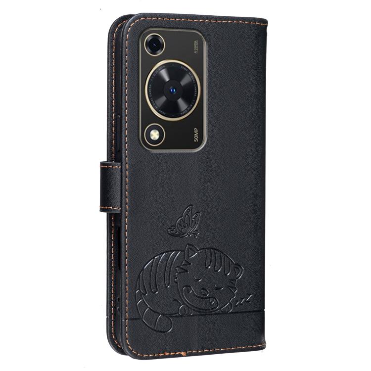 For Huawei Enjoy 70 Cat Butterfly Embossed RFID Vegan Leather Phone Case with Strap