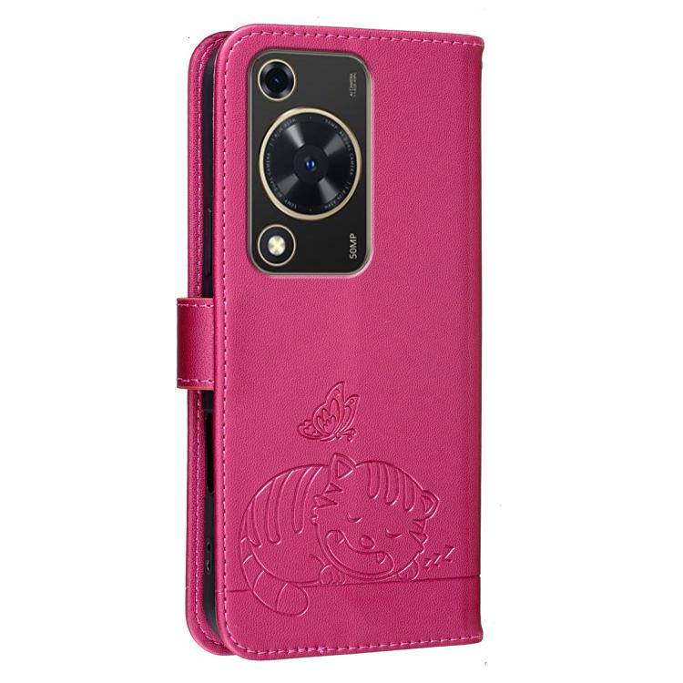 For Huawei Enjoy 70 Cat Butterfly Embossed RFID Vegan Leather Phone Case with Strap