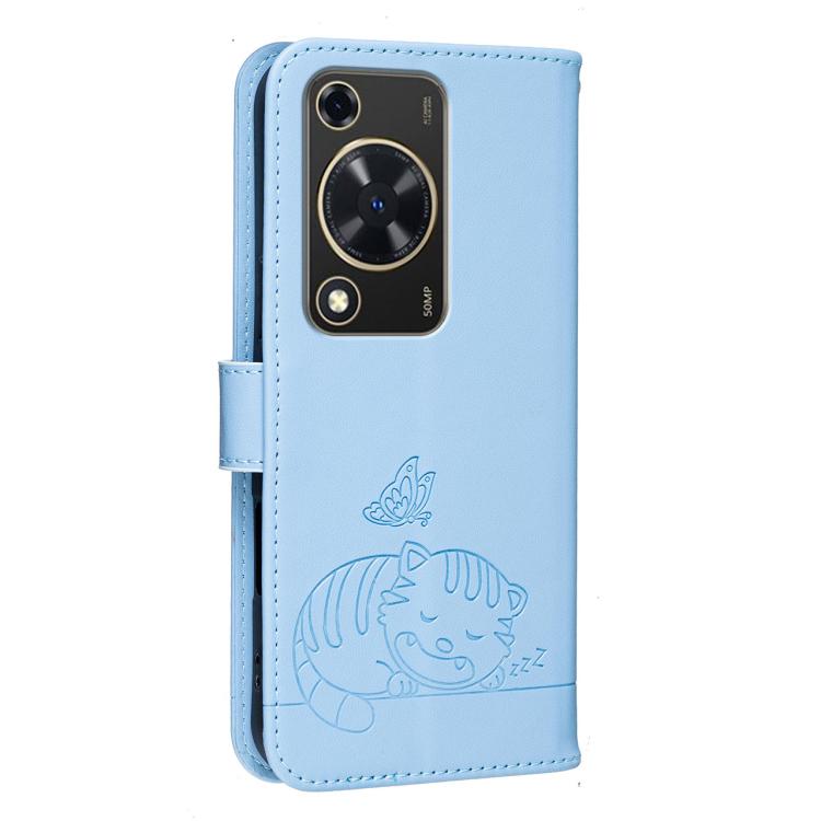 For Huawei Enjoy 70 Cat Butterfly Embossed RFID Vegan Leather Phone Case with Strap