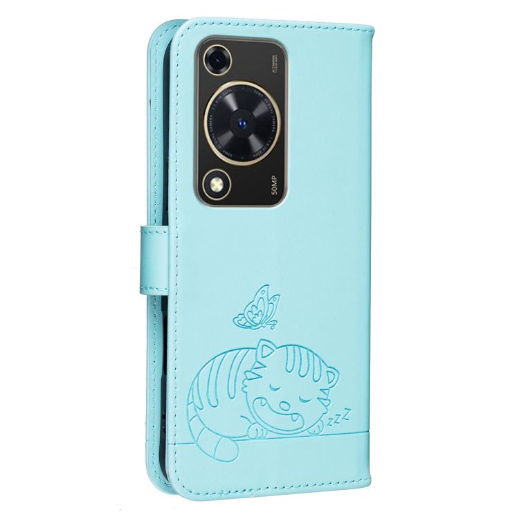 For Huawei Enjoy 70 Cat Butterfly Embossed RFID Vegan Leather Phone Case with Strap