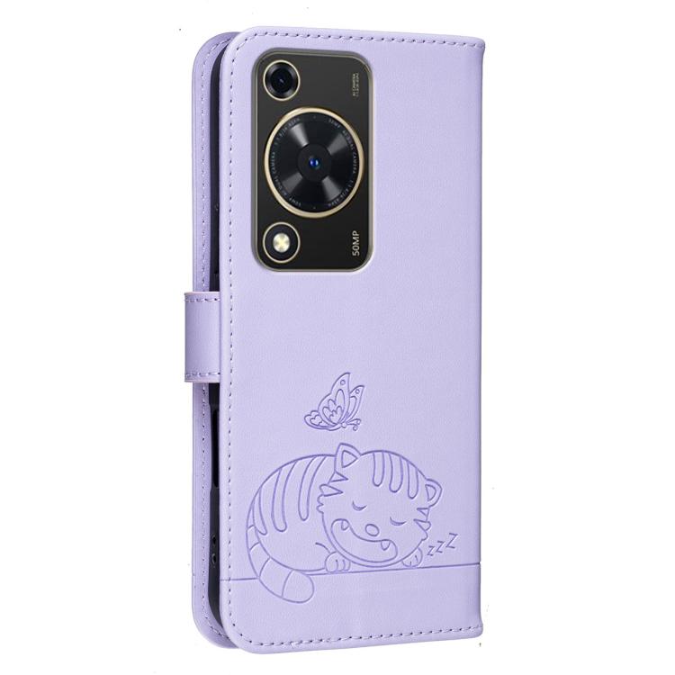 For Huawei Enjoy 70 Cat Butterfly Embossed RFID Vegan Leather Phone Case with Strap