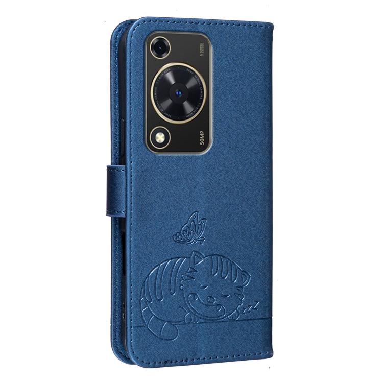 For Huawei Enjoy 70 Cat Butterfly Embossed RFID Vegan Leather Phone Case with Strap