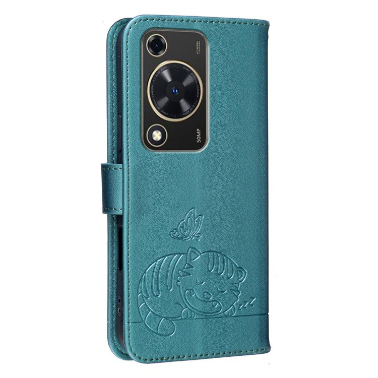 For Huawei Enjoy 70 Cat Butterfly Embossed RFID Vegan Leather Phone Case with Strap