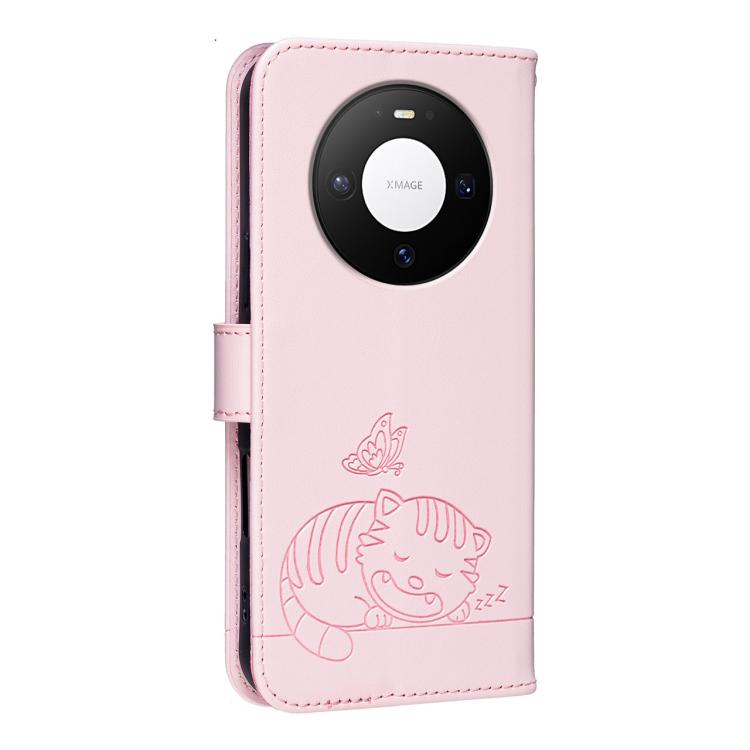 For Huawei Mate 80 Cat Butterfly Embossed RFID Vegan Leather Phone Case with Strap