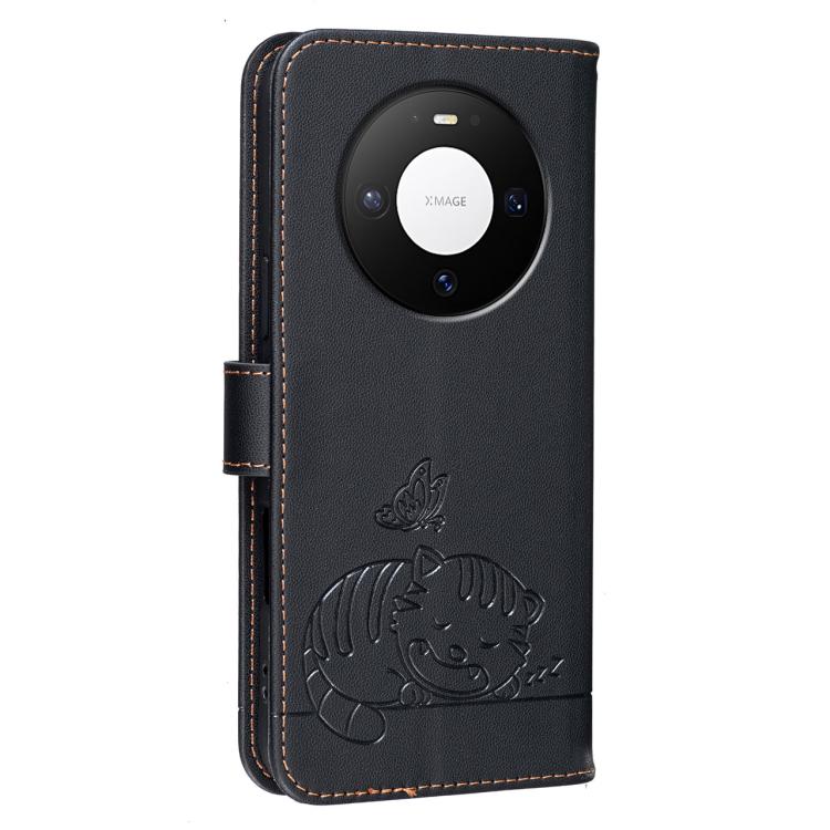 For Huawei Mate 80 Cat Butterfly Embossed RFID Vegan Leather Phone Case with Strap