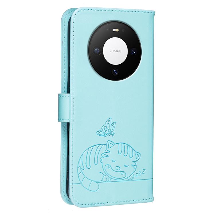 For Huawei Mate 80 Cat Butterfly Embossed RFID Vegan Leather Phone Case with Strap