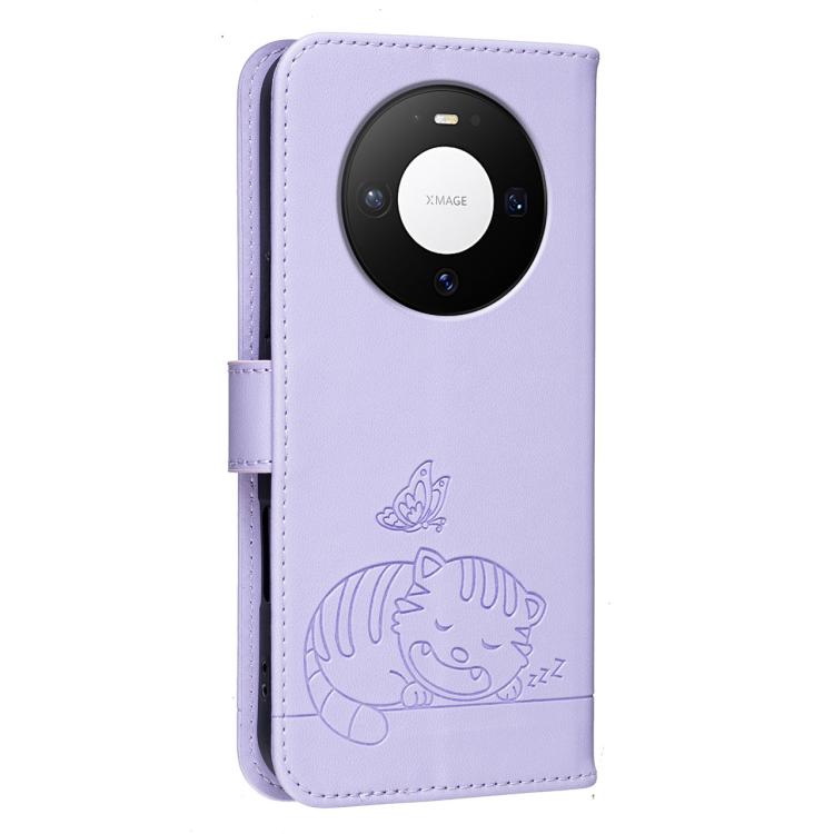 For Huawei Mate 80 Cat Butterfly Embossed RFID Vegan Leather Phone Case with Strap