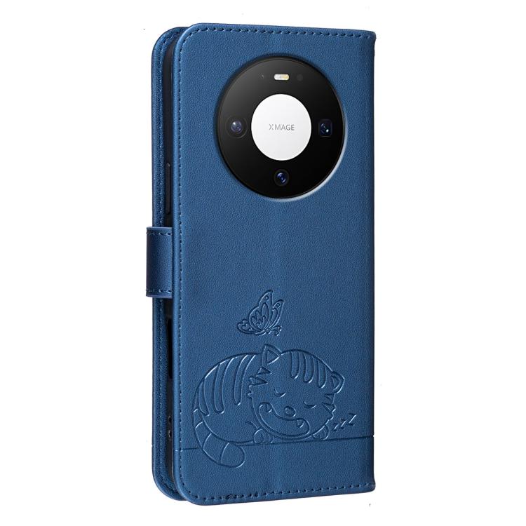 For Huawei Mate 80 Cat Butterfly Embossed RFID Vegan Leather Phone Case with Strap