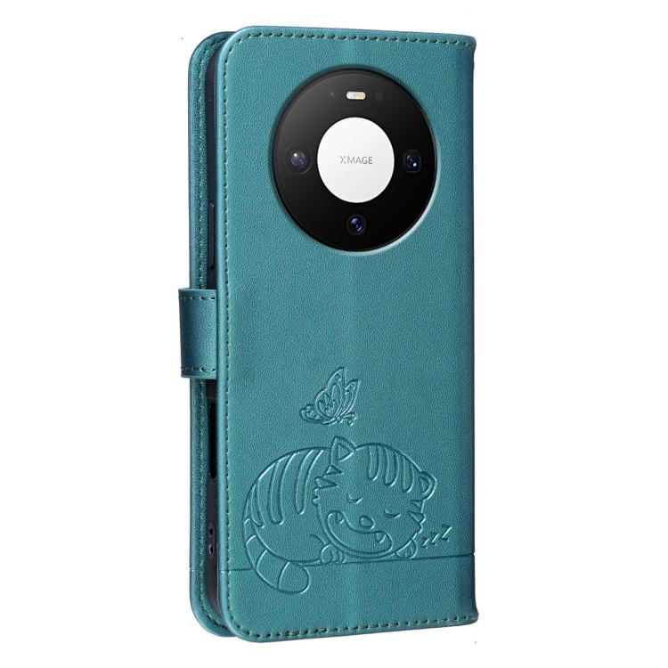For Huawei Mate 80 Cat Butterfly Embossed RFID Vegan Leather Phone Case with Strap