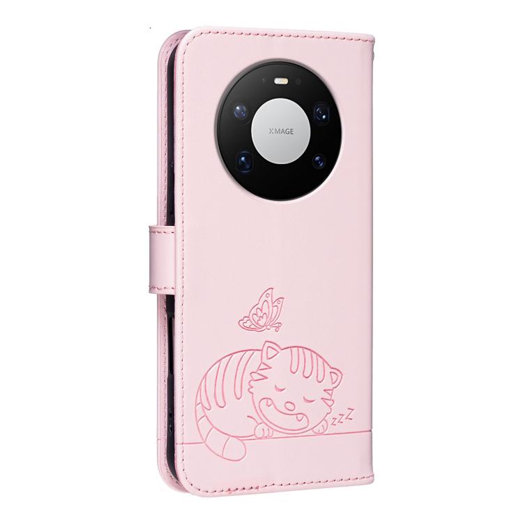 For Huawei Mate 80 Pro Max Cat Butterfly Embossed RFID Vegan Leather Phone Case with Strap