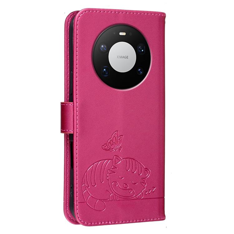 For Huawei Mate 80 Pro Max Cat Butterfly Embossed RFID Vegan Leather Phone Case with Strap