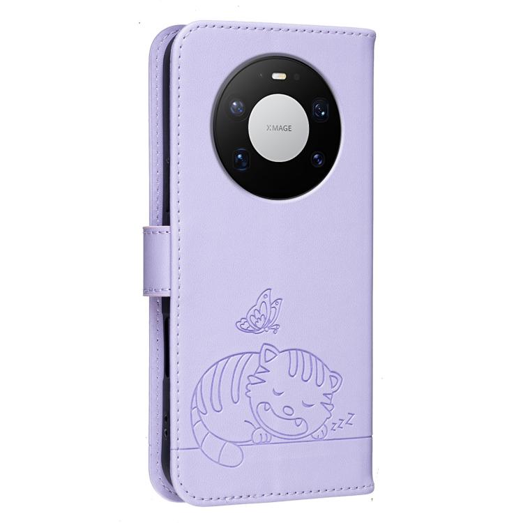 For Huawei Mate 80 Pro Max Cat Butterfly Embossed RFID Vegan Leather Phone Case with Strap