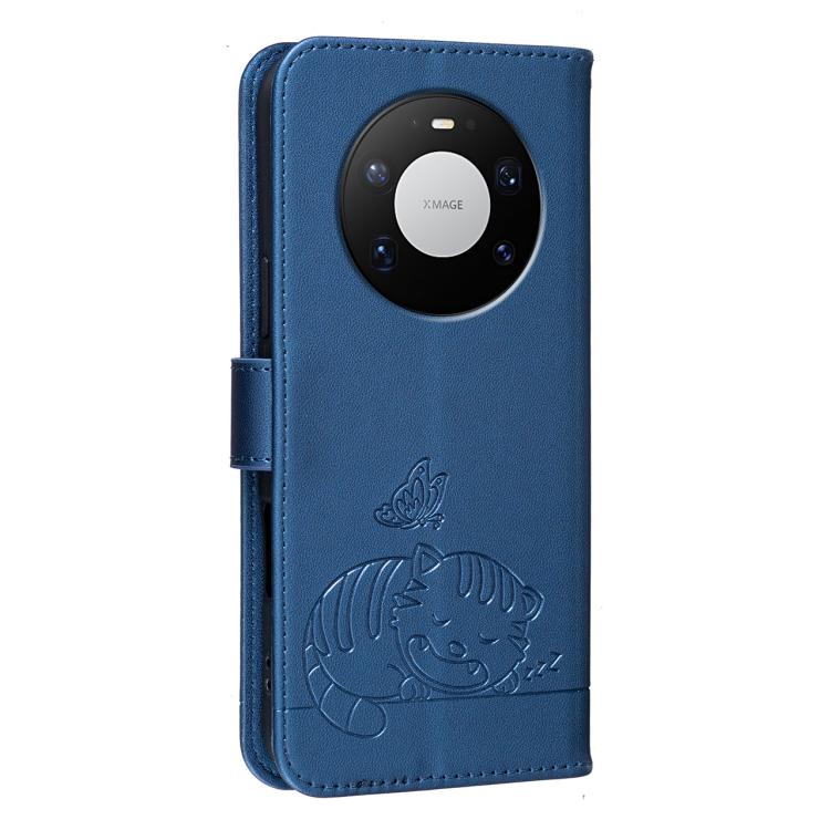 For Huawei Mate 80 Pro Max Cat Butterfly Embossed RFID Vegan Leather Phone Case with Strap