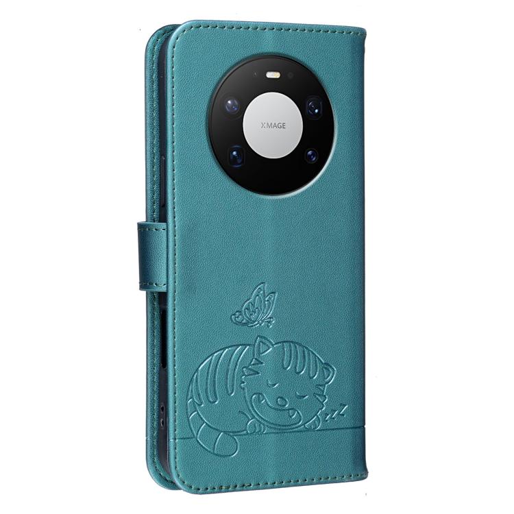 For Huawei Mate 80 Pro Max Cat Butterfly Embossed RFID Vegan Leather Phone Case with Strap