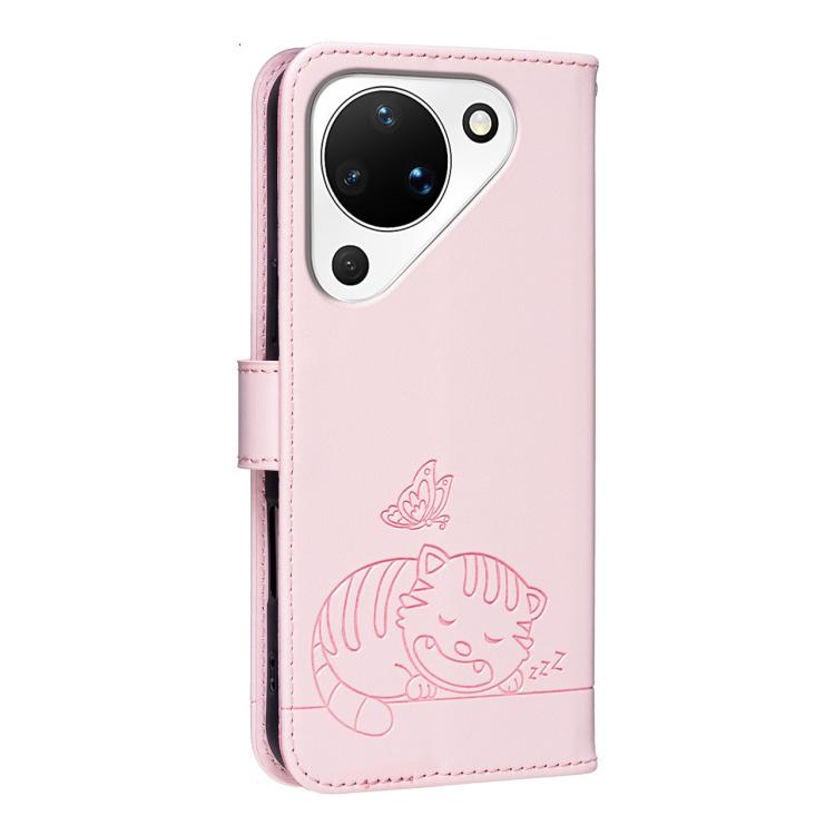 For Huawei Pura 90 5G Cat Butterfly Embossed RFID Vegan Leather Phone Case with Strap