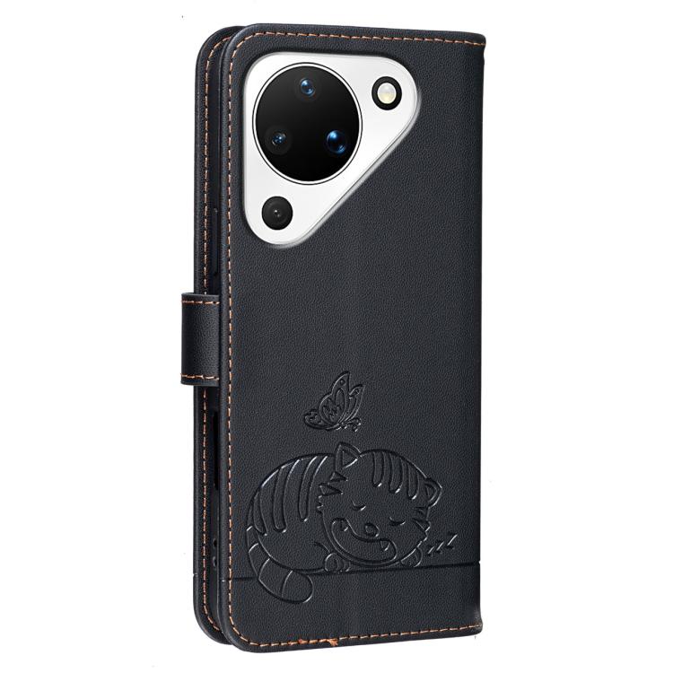 For Huawei Pura 90 5G Cat Butterfly Embossed RFID Vegan Leather Phone Case with Strap