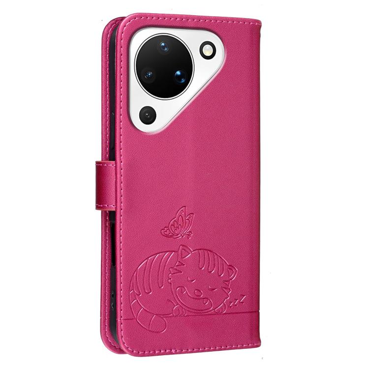 For Huawei Pura 90 5G Cat Butterfly Embossed RFID Vegan Leather Phone Case with Strap