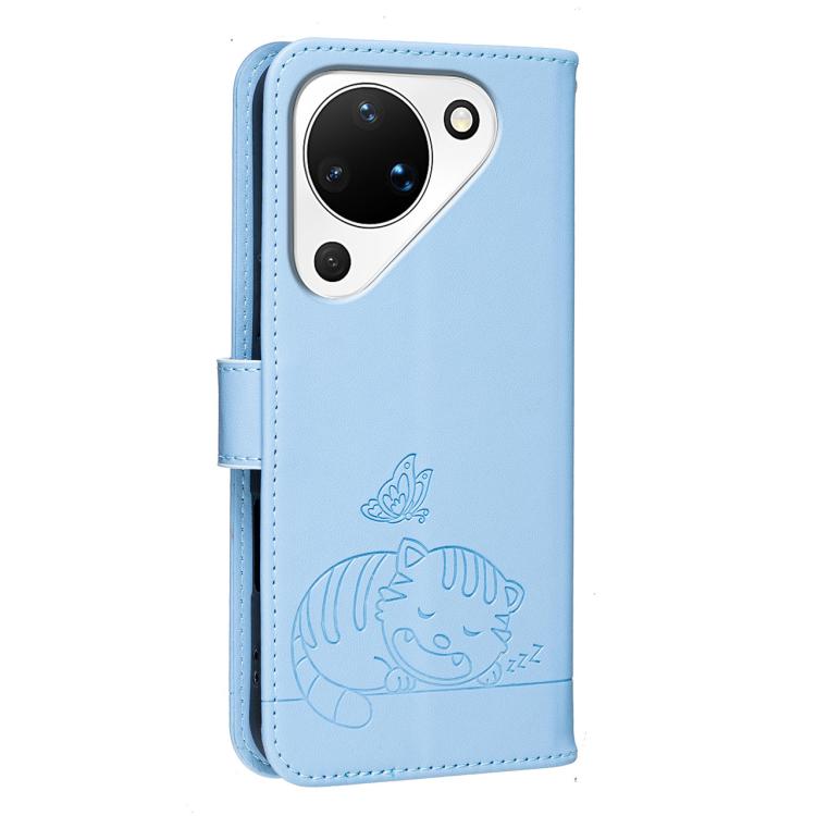 For Huawei Pura 90 5G Cat Butterfly Embossed RFID Vegan Leather Phone Case with Strap