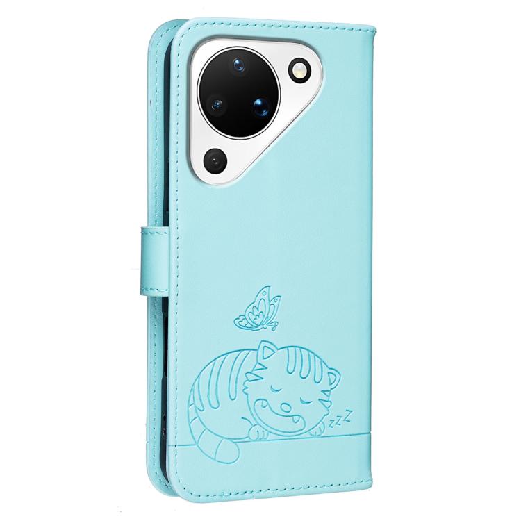 For Huawei Pura 90 5G Cat Butterfly Embossed RFID Vegan Leather Phone Case with Strap