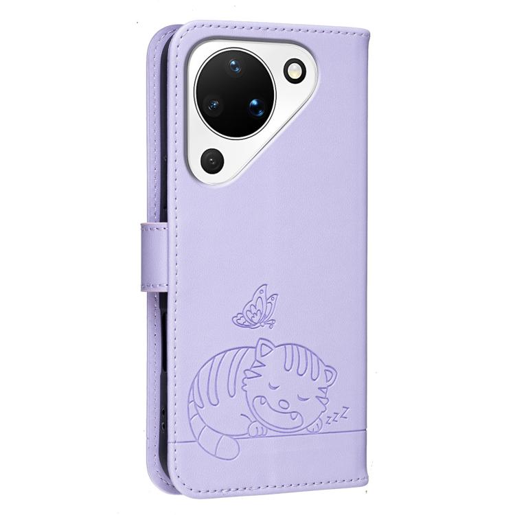 For Huawei Pura 90 5G Cat Butterfly Embossed RFID Vegan Leather Phone Case with Strap